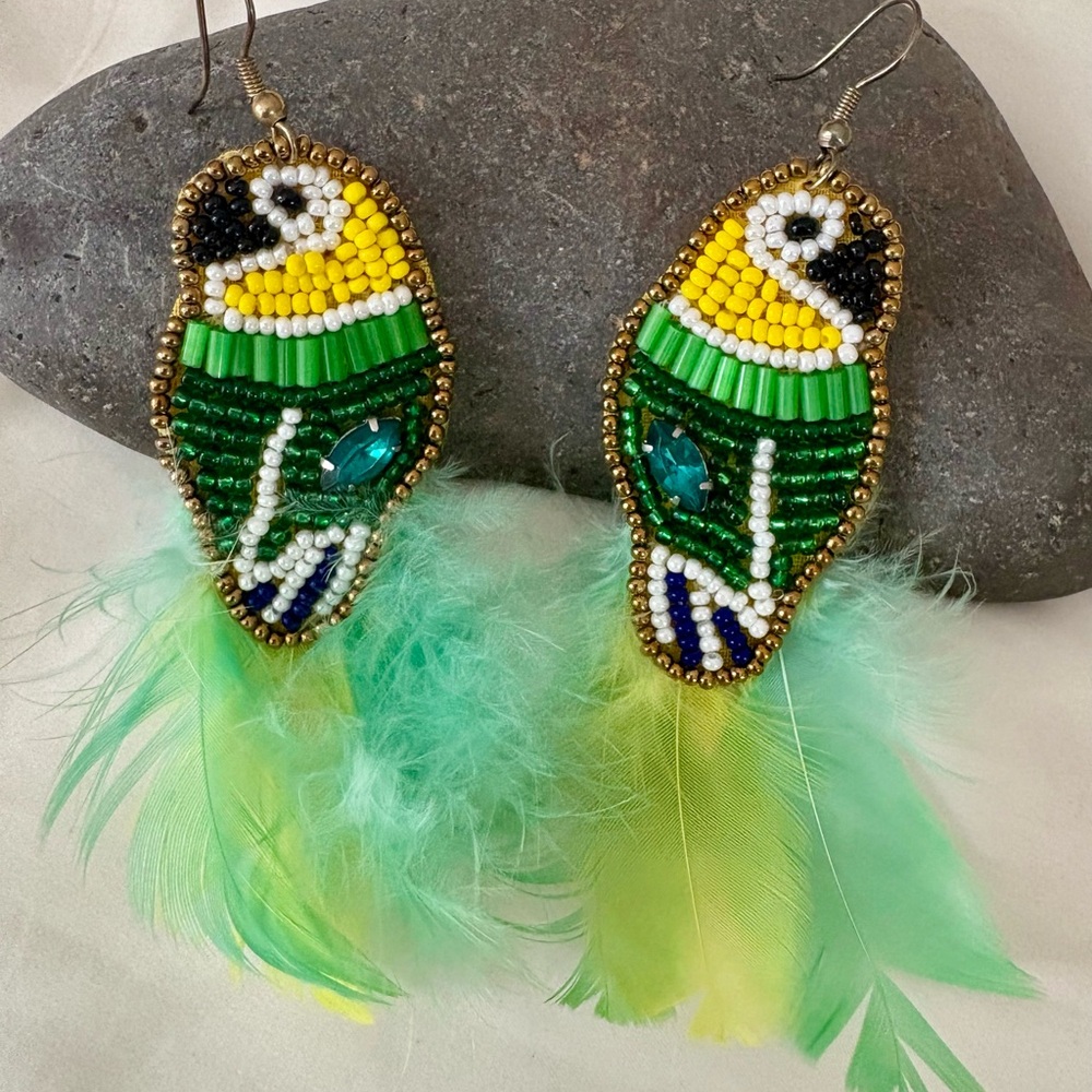 Colorful Beaded Parrot Earrings with Feathers